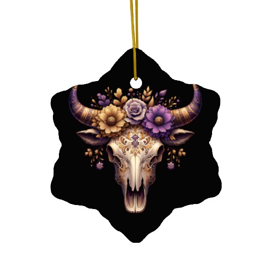Boho Bull Skull with Floral – Western Bohemian Ceramic Ornaments
