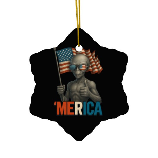 Thumbs Up Merica Alien 4th of July Funny Ceramic Ornaments