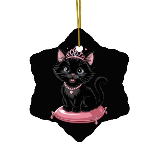 Royal Black Cat with Tiara and Jewels on Pink Ceramic Ornaments