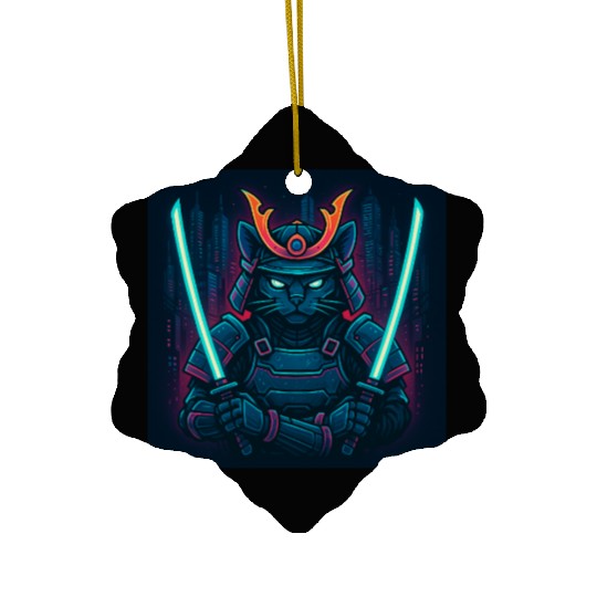 A futuristic samurai cat in neon armor with glo Ceramic Ornaments
