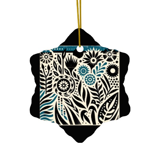 Teal & Black Floral Pattern Ceramic Ornaments