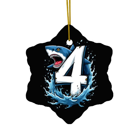 Shark Children Birthday with Number 4 Splash Ceramic Ornaments