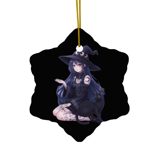 Dark Fantasy Anime Girl & Gothic Black Cat Art Ceramic Ornaments