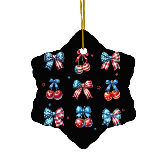 America Cherry Bow 4th of July Ceramic Ornaments