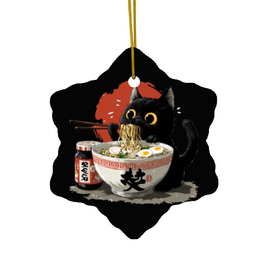 Black Cat Eating Ramen Japanese Funny Cat Ceramic Ornaments