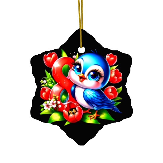 "Cute Blue Bird with Red Number 8 and Vibrant Tuli Ceramic Ornaments