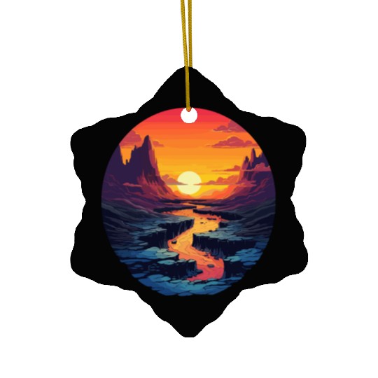 Sunset Mountain River Serenity Landscape Ceramic Ornaments