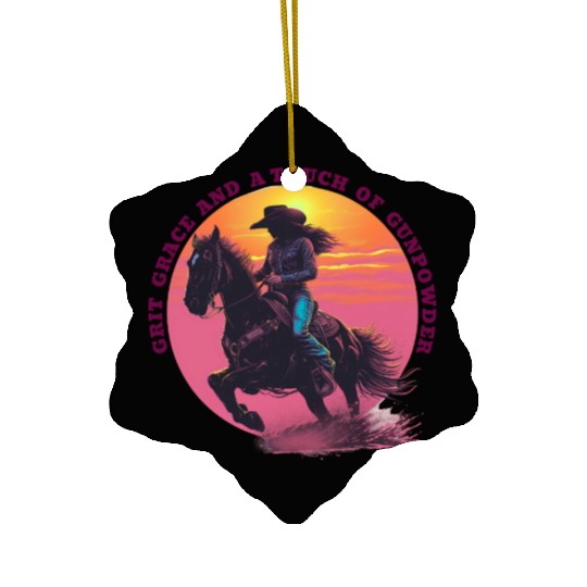 Cowgirl Pride Sunset Scene Ceramic Ornaments