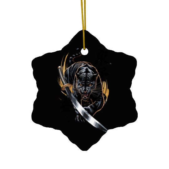 Fierce Black Panther With Samurai Sword Ceramic Ornaments