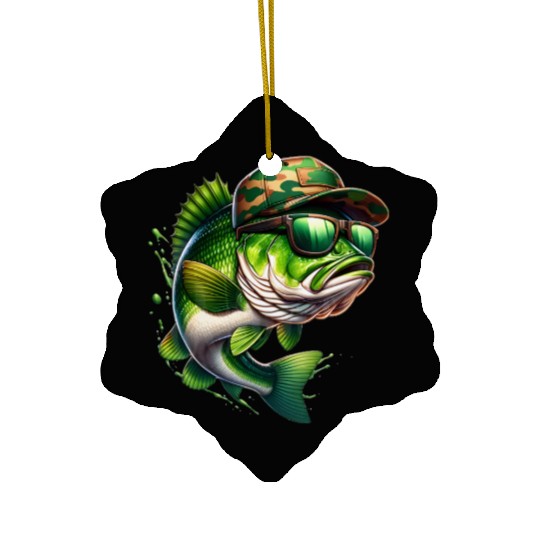 Camo Hat Bass Fish with Green Sunglasses Ceramic Ornaments