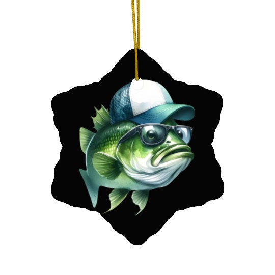 Cool Green Bass with Trucker Hat and Sunglasses Ceramic Ornaments