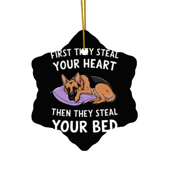 German Shepherd Steals Heart and Bed Ceramic Ornaments