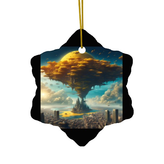 Sci-Fi Alien City: Floating Planet Twilight Scene Ceramic Ornaments