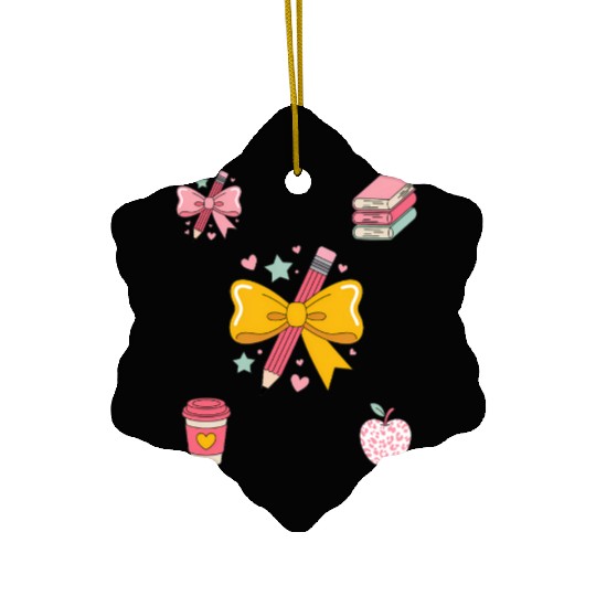 Apple Coquette Bow Books First Day of School Back  Ceramic Ornaments