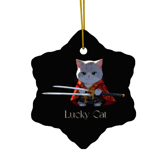 Mythic Warrior Cat with Swords Ceramic Ornaments