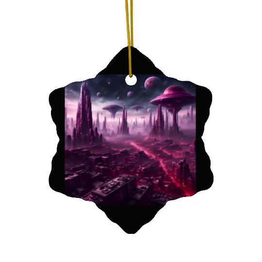 Sci-Fi Future World And Alien City in Neon Pink Ceramic Ornaments