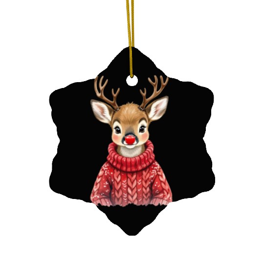 Festive Reindeer with Red Nose Sweater Ceramic Ornaments