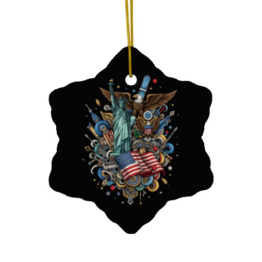 Patriotic US Icon Collage Print Ceramic Ornaments