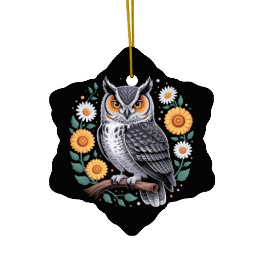 Floral Owl With Flowers And Blossoms Ceramic Ornaments
