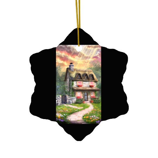 Fairy Tale Cottage in Sunrise Light Ceramic Ornaments