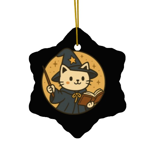 Whimsical Cat Wizard in Starry Night Ceramic Ornaments