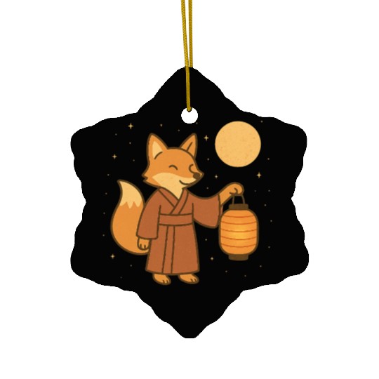 Cute Fox in Traditional Kimono with Lantern Ceramic Ornaments