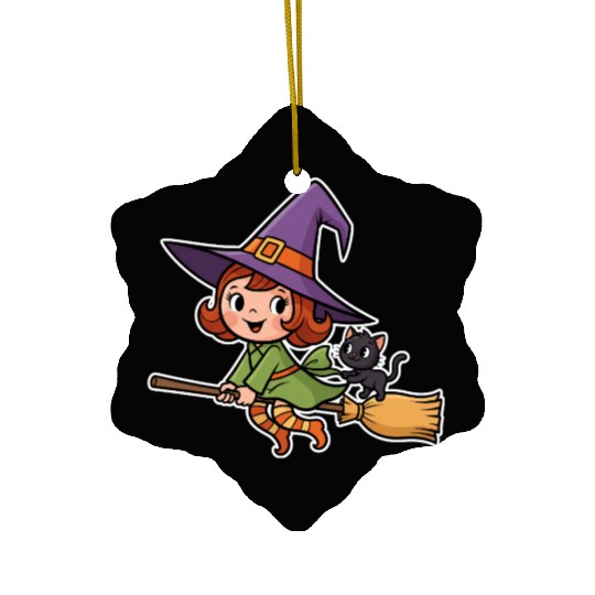 Magical Witch and Cat Illustration Ceramic Ornaments