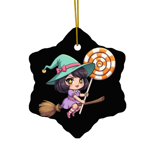 Whimsical Witch on Broomstick Ceramic Ornaments