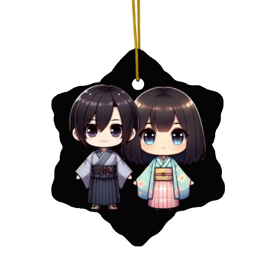 Chibi Kawaii Traditional Kimono Duo Ceramic Ornaments