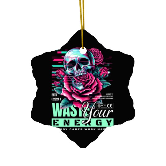 Vivid Skull with Roses Neon Artwork Ceramic Ornaments