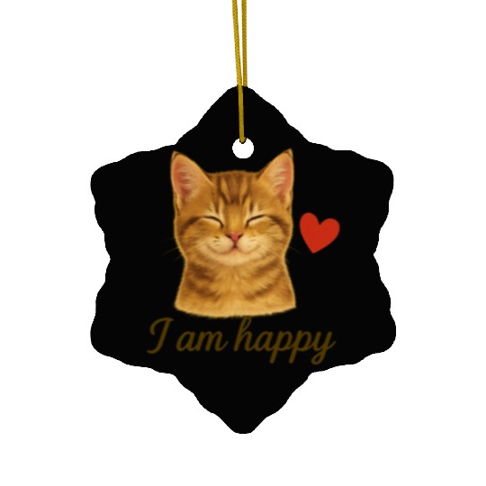 I Am Happy – Cute Realistic Cat with Red Heart Ceramic Ornaments