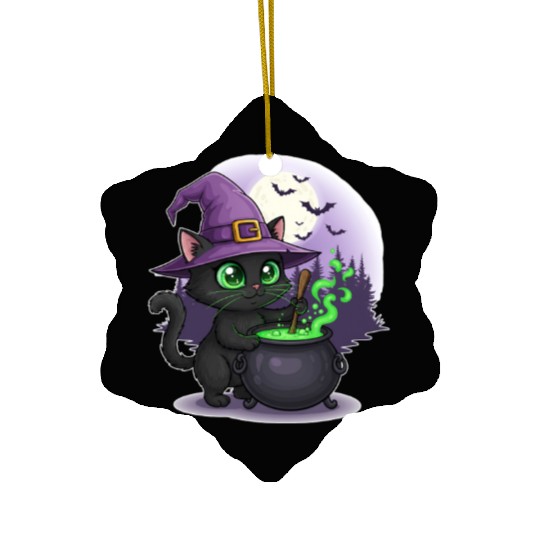 Enchanting Witch Cat Under Full Moon Ceramic Ornaments