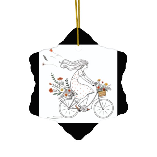 Girl Riding Bicycle with Flowers Vintage  Ceramic Ornaments