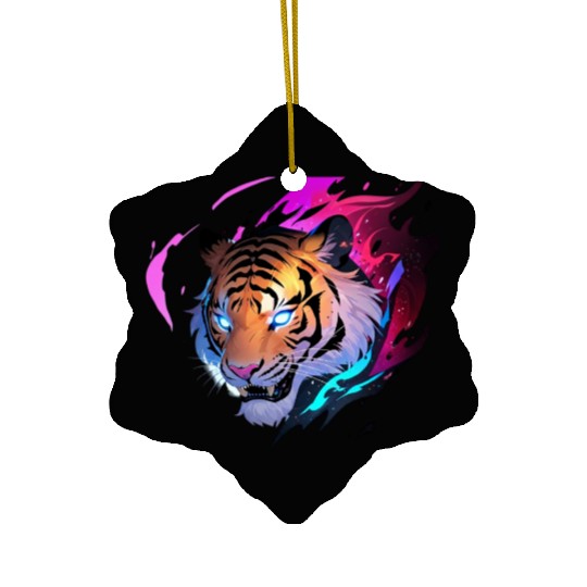 A fierce tiger head with glowing blue eyes Ceramic Ornaments