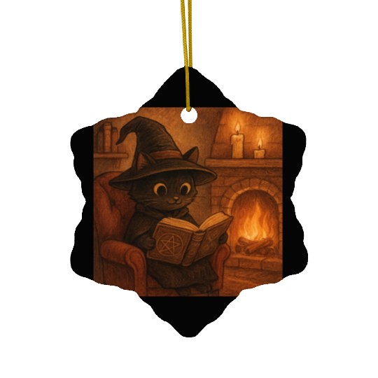 Enchanted Cat Witch by the Fireplace Ceramic Ornaments