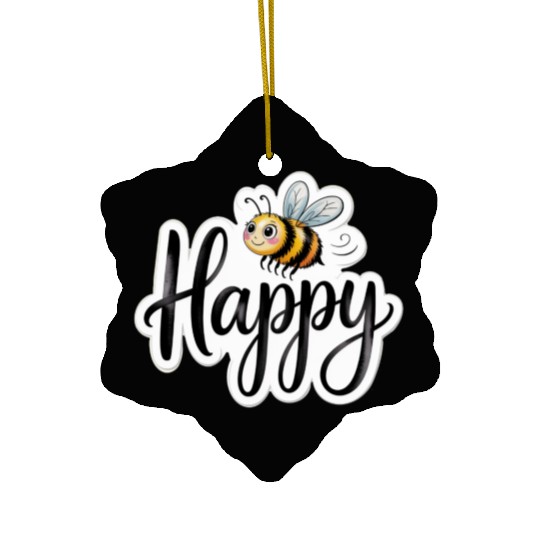 Whimsical Bee and Happy Text Artwork Ceramic Ornaments