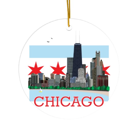 Chicago Skyline and Flag Ceramic Ornaments