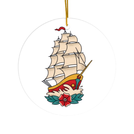 Traditional Tattoo Sailing Ship Colorful Ceramic Ornaments