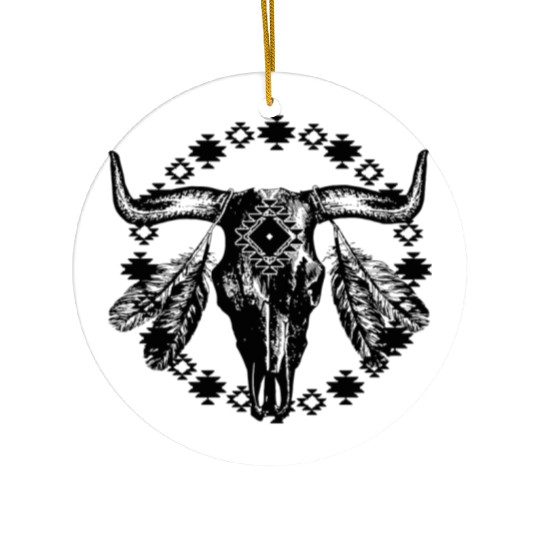 Vintage Cow Bull Skull Boho Southwestern Aztec Fea Ceramic Ornaments