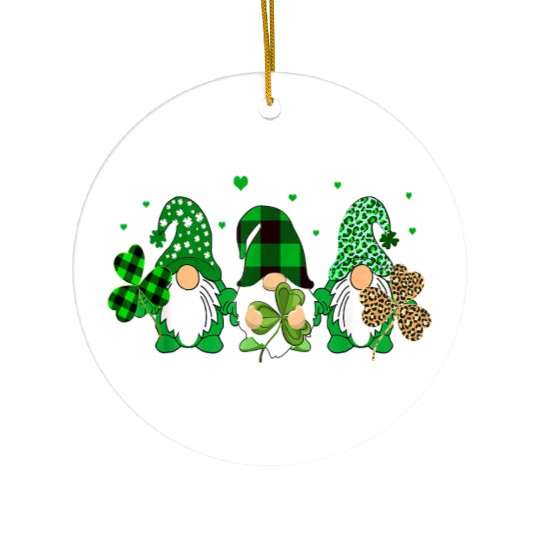 Three Gnomes Holding Shamrock Leopard Plaid Ceramic Ornaments