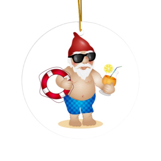 Garden gnome with swimming trunks and lifebuoy Ceramic Ornaments