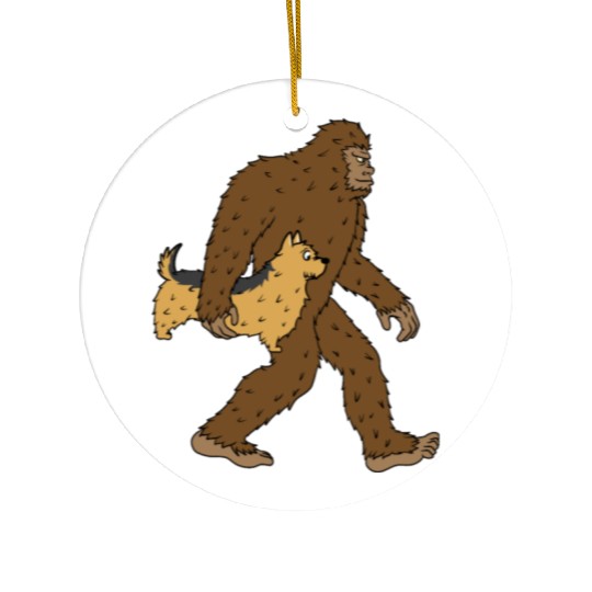 Bigfoot Sasquatch Carrying Yorkshire Terrier Ceramic Ornaments