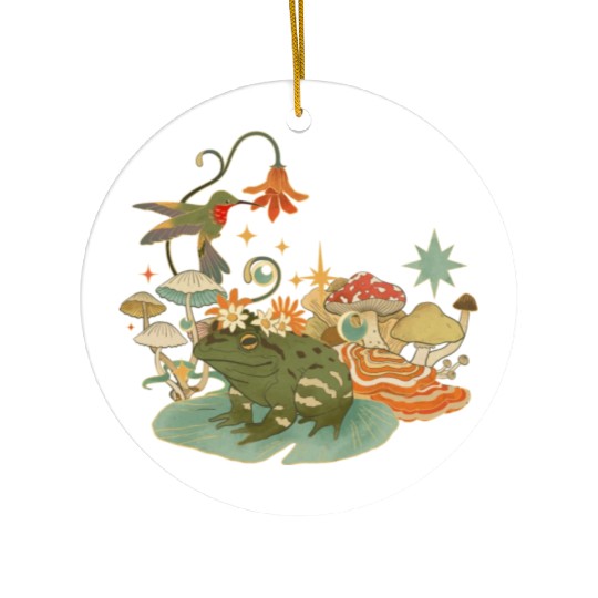 Cottagecore with frog, mushrooms and hummingbird Ceramic Ornaments