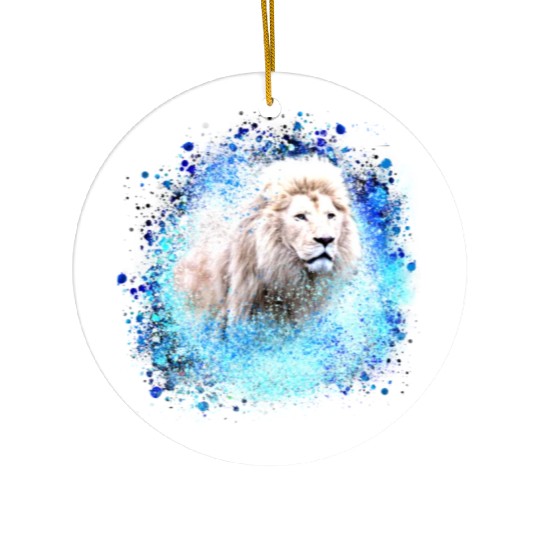lion,graffiti,painting,blue,white lion Ceramic Ornaments