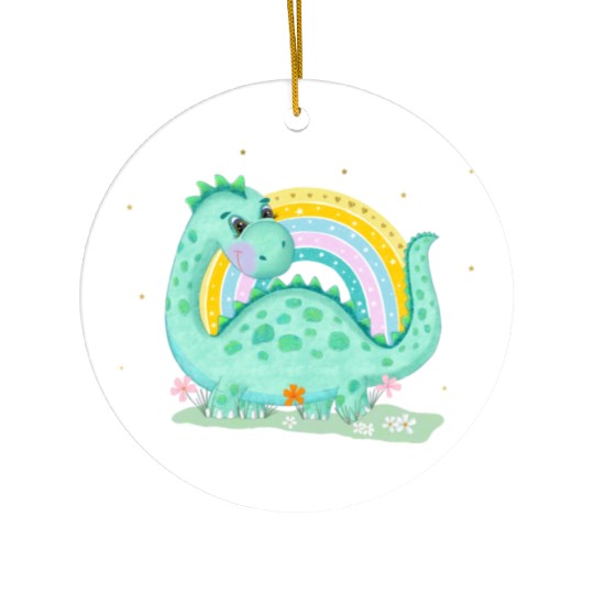 Dinosaur with Rainbow and Flowers Ceramic Ornaments