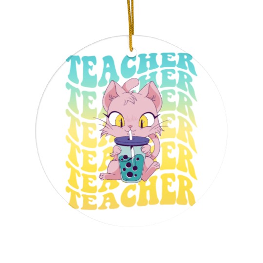 Boba Tea Teacher Kawaii Cat Groovy Back To School Ceramic Ornaments