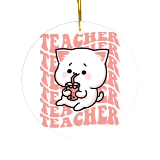 Boba Tea Teacher Cute Kawaii Cat Back To School Ceramic Ornaments