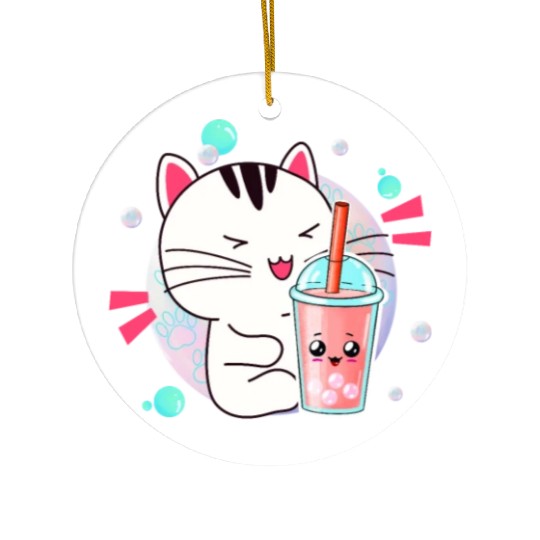 Kawaii Anime Cat Bubble Tea Fan Ceramic Ornaments