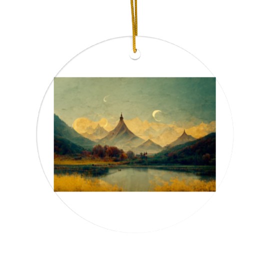Mountain Lake Golden Landscape Painting Ceramic Ornaments