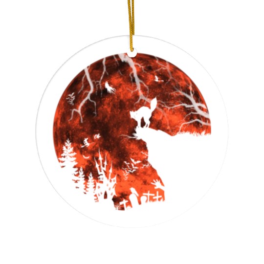 Cat Red Moon trick or treat Bats Forest Funny Hall Ceramic Ornaments